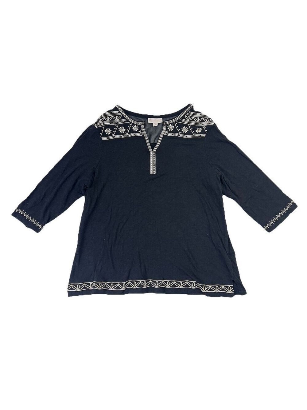 CB Established 1962 Womans Top 3/4 Sleeves Boho Black Shirt Embroidered Peasant - Picture 2 of 13